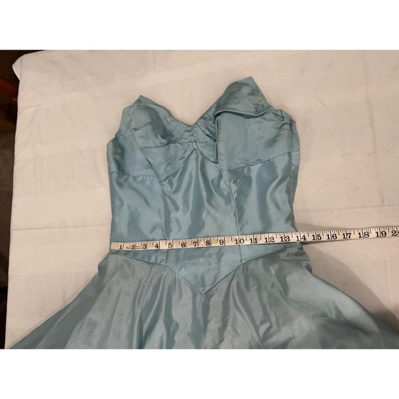 Vintage 1950s Taffeta Strapless Gown Dress S Bubble Hem Pastel Blue Tulle Slip - Picture 12 of 15